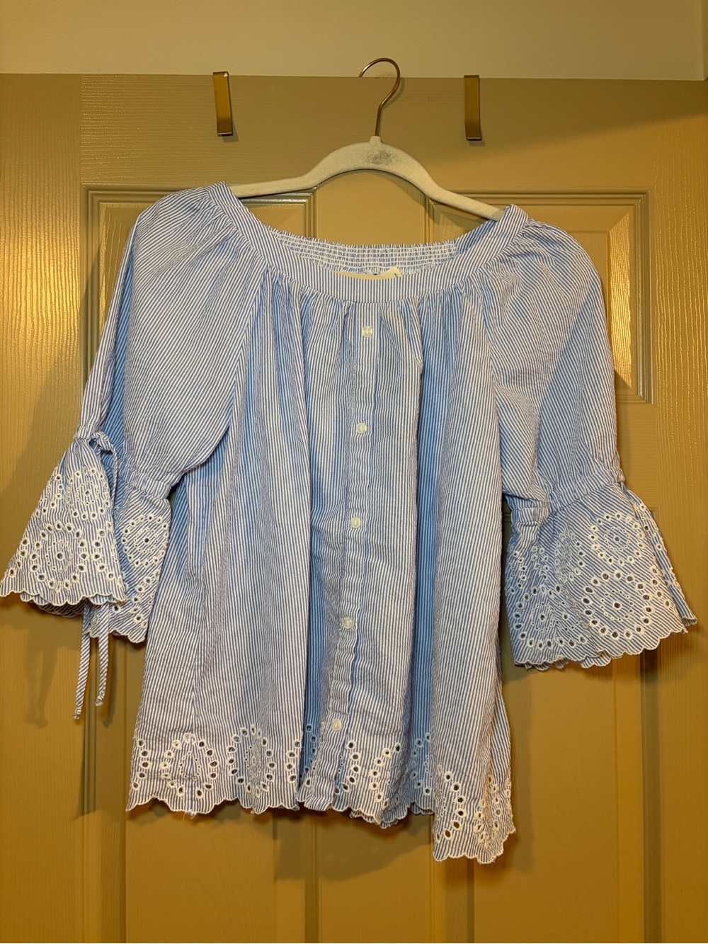 Westbound Blue & White Striped Off-Shoulder Eyelet Blouse